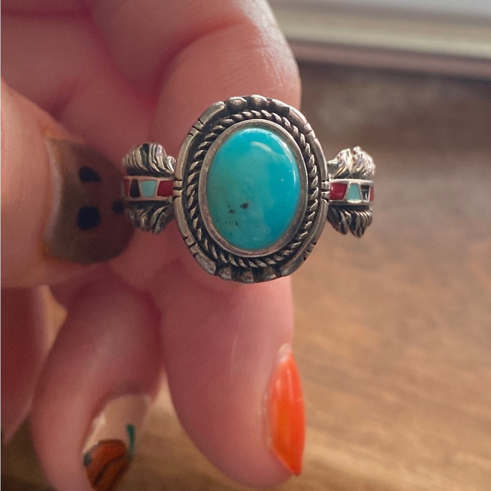 BGE Bradford Exchange Sterling Silver & Turquoise Feather Vintage Ring - SZ 12
